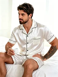 Men's Satin Short Sleeve Pajama Set - Button - Down Shirt & Elastic Waist Shorts - S (White)