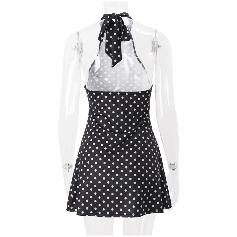 Damen-Minikleid mit Polka Dots, Neckholder, hoher Kragen, ärmellos, rückenfrei, ausgestelltes Kleid mit Schnürung, lässig, für Party, Club, Streetwear, Vestidos – Detail 2