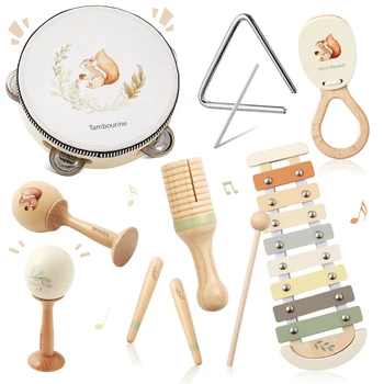 Music Toys Baby Wooden Montessori Toys Children Music Instrument Squirrel Maracas Drum Xylophone Early Education Sensor Toys Set