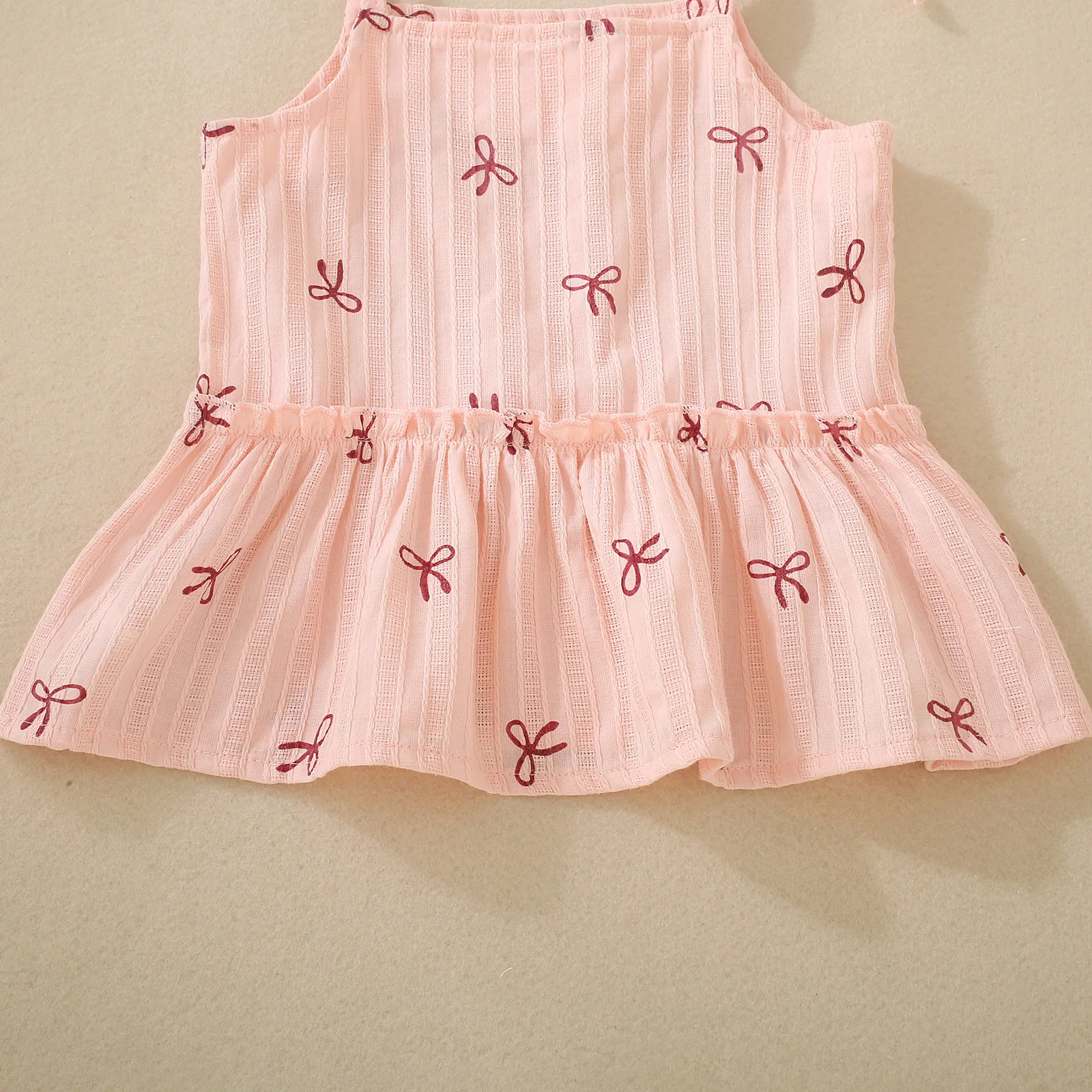 Spring and Autumn Female Infants Pink Bow Printed Suspender Skirt and Pink Trousers Two-piece Set 4