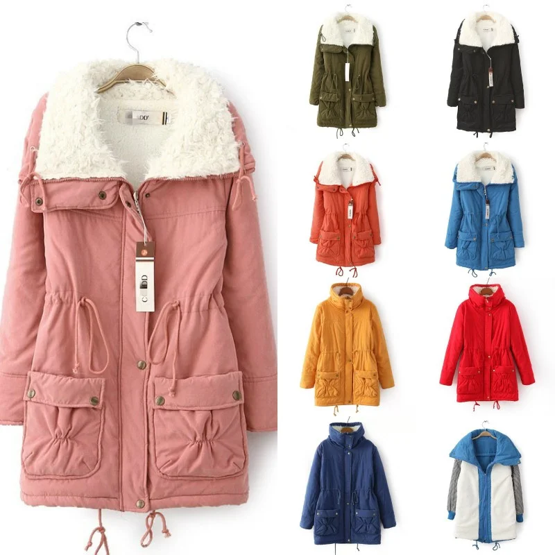 2024 Winter Faux Lambswool Coat Women Fleece Cotton-padded Jacket Parkas Stand-up Collar Drawstring Coat Female Warm Overcoat