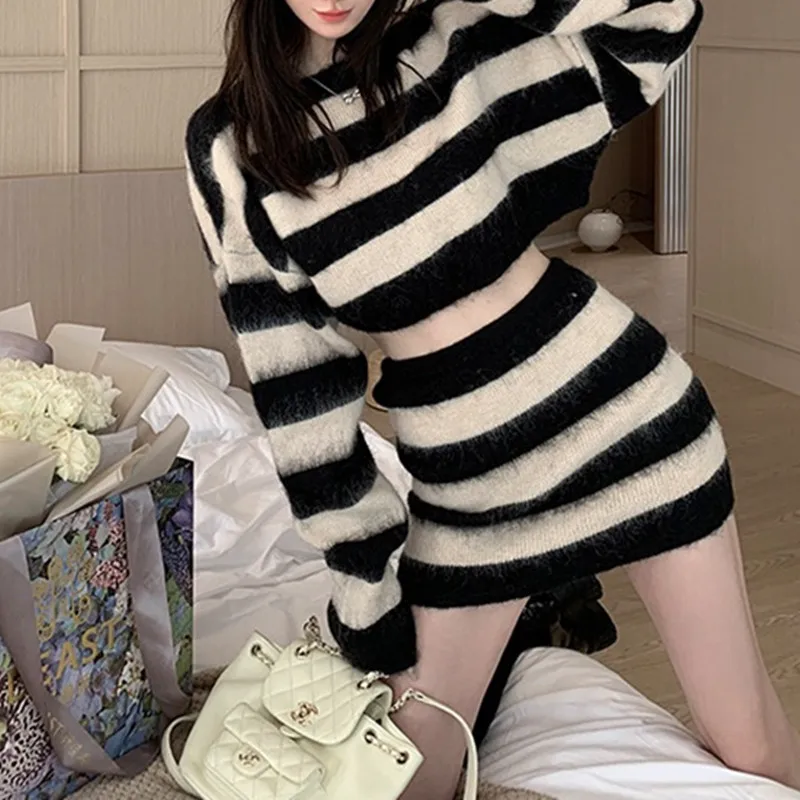 Autumn Striped Two-piece Skirt Set Women Long Sleeve Cropped Off Shoulder Top Bodycon Mini Skirt Korean Fashion Suits New