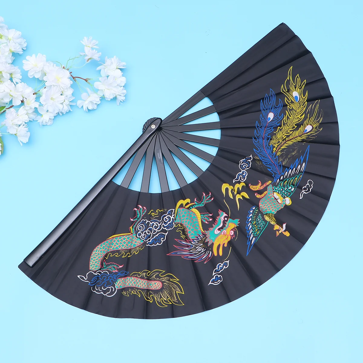 Folding Fan Handheld Fan Troditional Chinese Pattern 1Pc for Tai Chi Fitness Kung Fu Performance Black