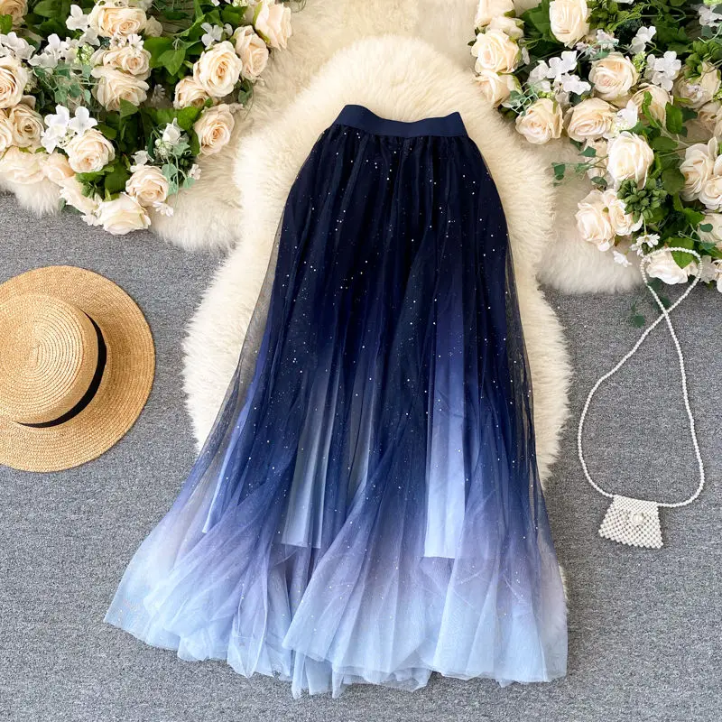 

2022 Summer Tulle Skirt Star Sequin skirt High Waist long Skirt Blue Evening Party Sexy Skirt Women falda sparkling skirt