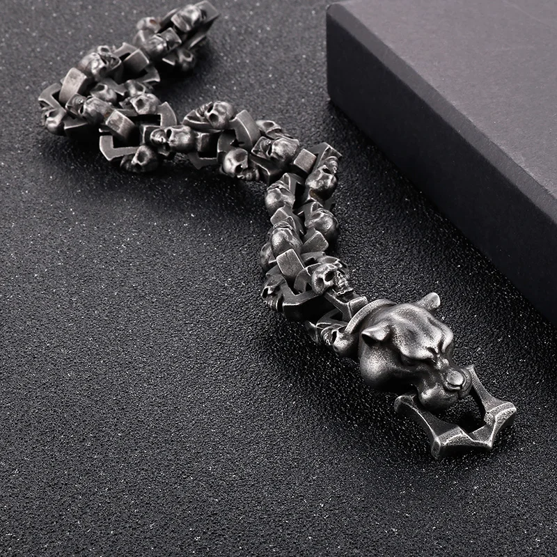 Fongten Skull Tiger Bracelet for Men Stainless Steel Skeleton Chain Charm Men's Wristband Bangle Bracelets Rotre Black Jewellery