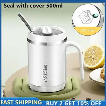 Tasse à café thermique en acier inoxydable avec paille, bouteille thermos avec couvercle, tasses à café, 500ml 1