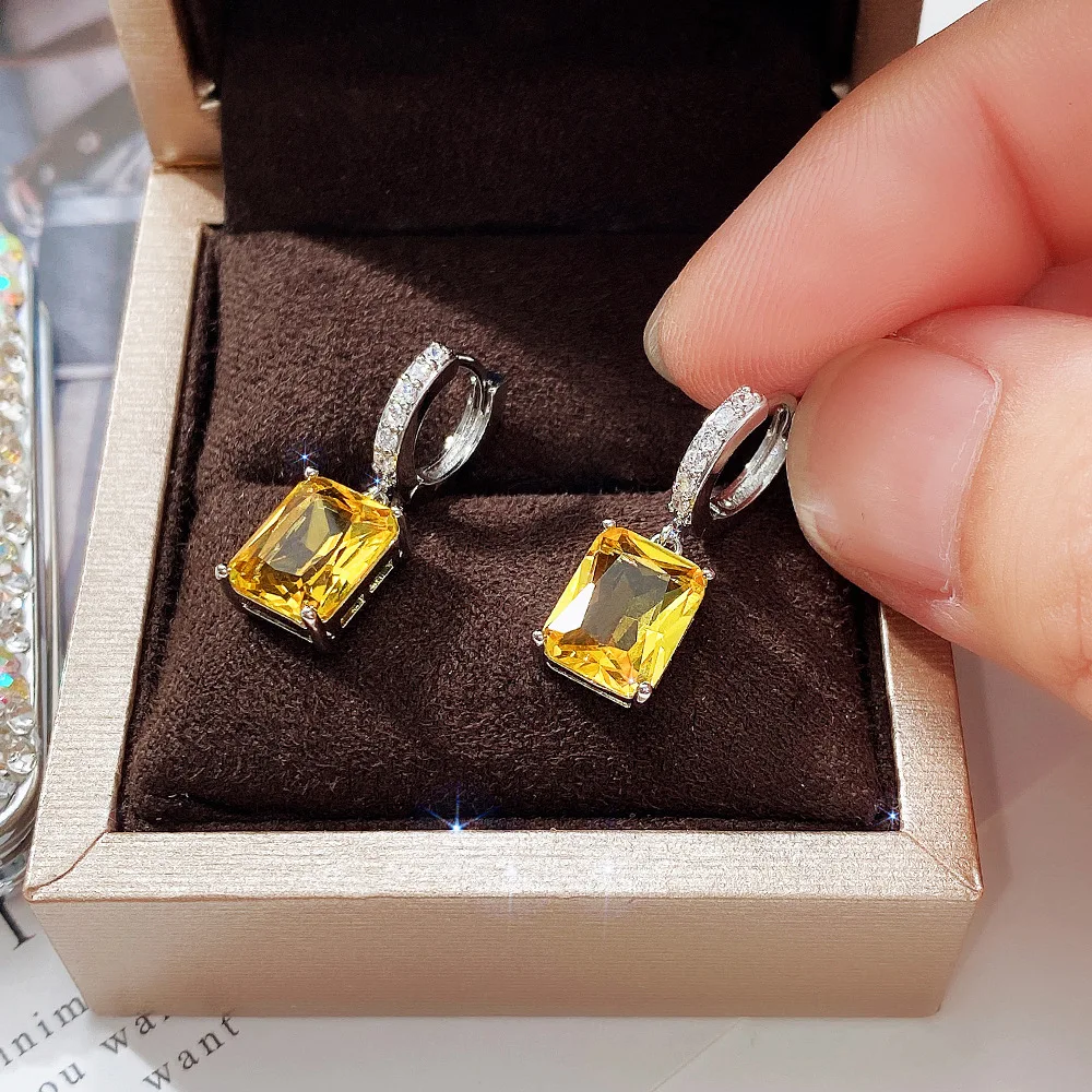 Groß Blau Gelb Rosa Grün Rechteck Stein Anhänger Ohrringe Für Frauen Silber Farbe Weiß Zirkon Hochzeit Tropfen Ohrring Schmuck CZ – Detail 8