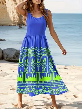 Summer Bohemian Print Sleeveless Tank Midi Dress Women Elastic Waist Pleated Swing Dress Hawaiian Holiday Beach Cover Up Sundres