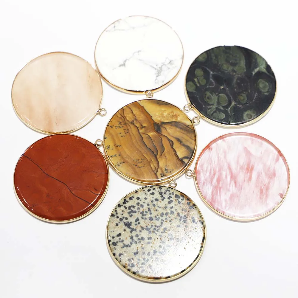 50MM Natural Stone Round Bag Gilt Edged Necklaces Pendants Mineral Healing Charms Fashion Diy Jewelry Accessories Wholesale 6Pcs