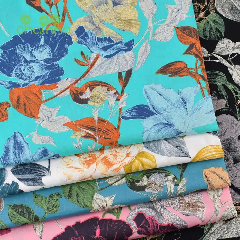 Chainho,Printed Plain Weave Poplin Cotton Fabric,Patchwork Cloth,DIY Quilting Sewing Material,Floral Series,3 Big Sizes,15PC12