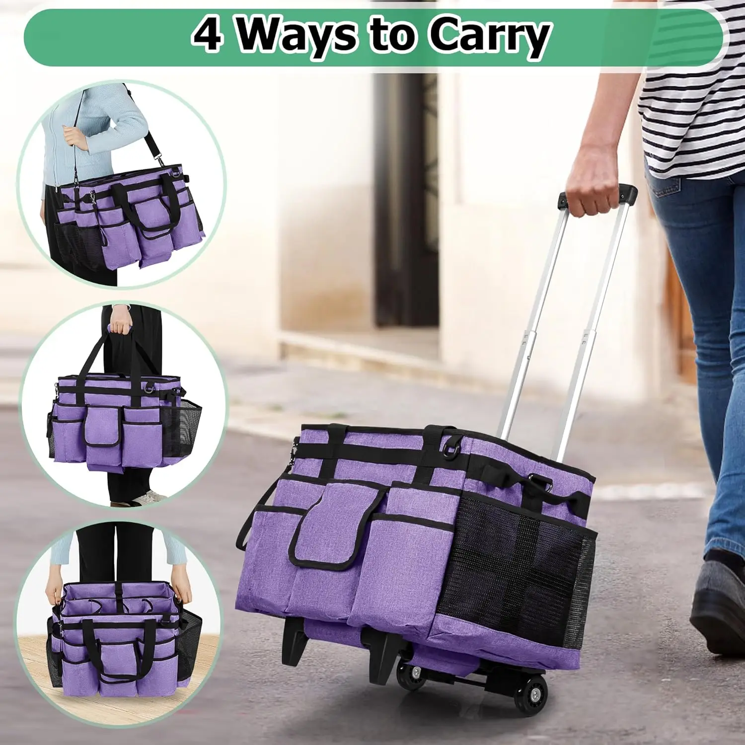 Rolling Cleaning Bag with Detachable Trolley, Portable Cleaning Cart on Wheels for Supplies,Professional Caddy