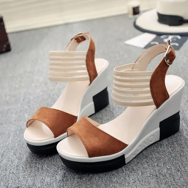 Kasut Wanita Wedge Kasual Tali Pinggang Buckle Kasut Tumit Tinggi Sandal Mulut Ikan 2020 Sandal Mewah Wanita Buty Damskie 1