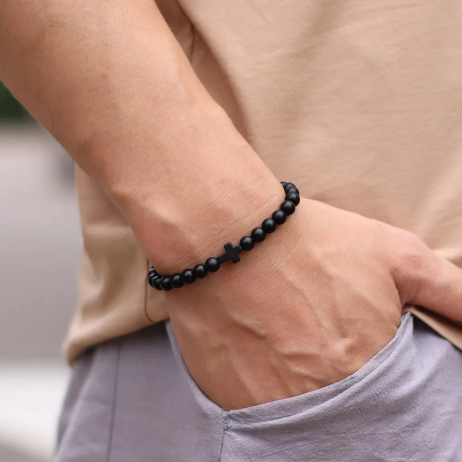 Men Stone Strand Meditation Bracelet 6mm Frosted Beaded