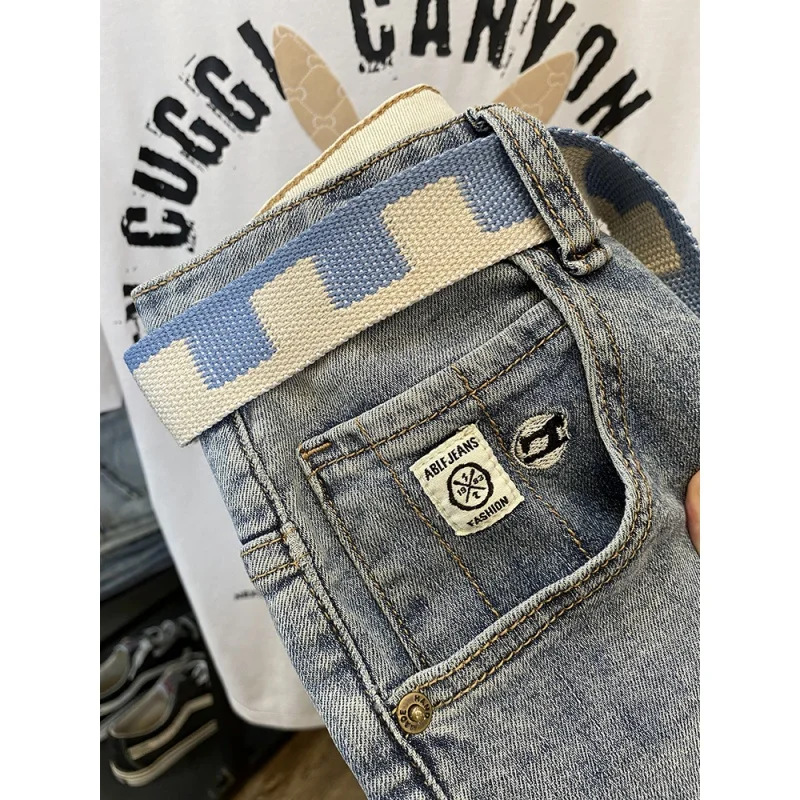 Light Colored Distressed Jeans For Men'S Summer Slim Style Trendy Embroidered Micro Harlan Leggings Elastic And Soft Croppe