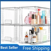 Vtopmart 4 Pack Large Stackable Storage Drawers,Clear Acrylic Drawer Organizers with Handles, Easily Assemble for Bathroom 1