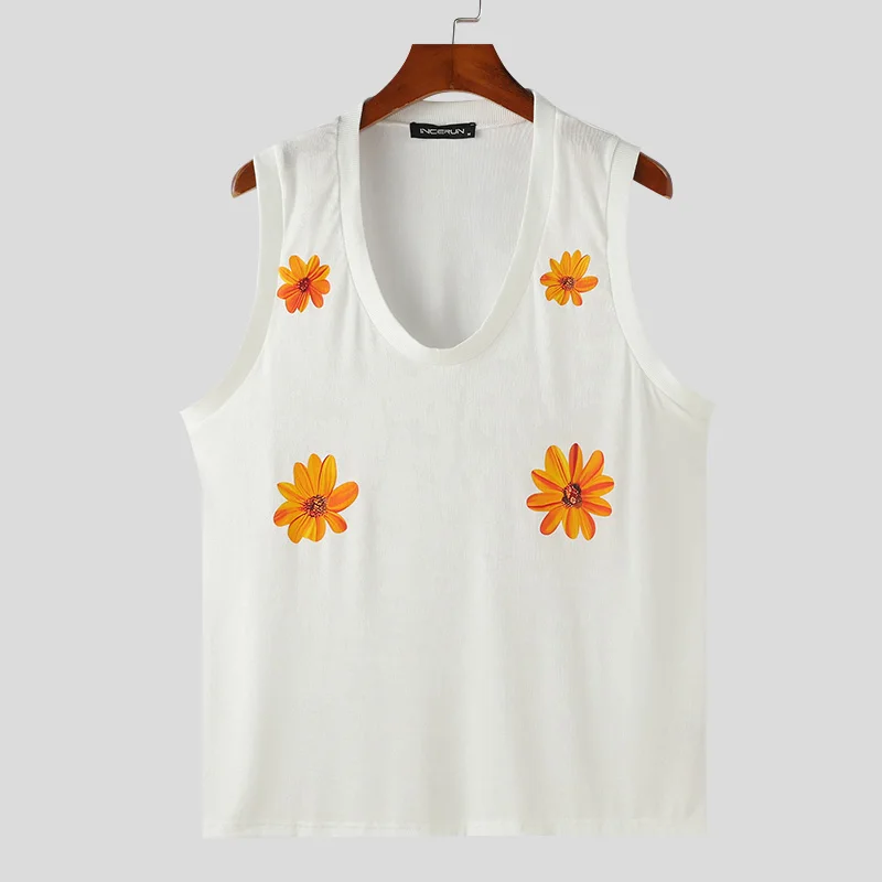 thumbnail image 1 of INCERUN Tops 2024 estilo coreano moda para hombres cuello en V diseño de patchwork floral chalecos sexy casual hueco sin mangas camisetas sin mangas S-5XL, 1 of 5