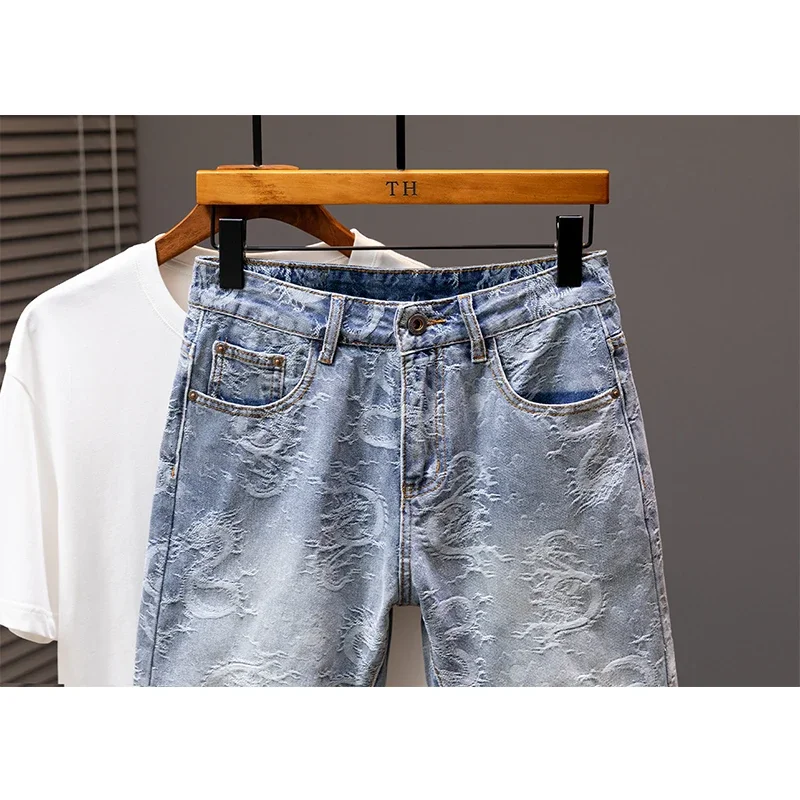 2024 Summer New Personality Dragon Print Stylish Straight Blue Denim Shorts Male Street Style Men's Straight Denim Shorts 5