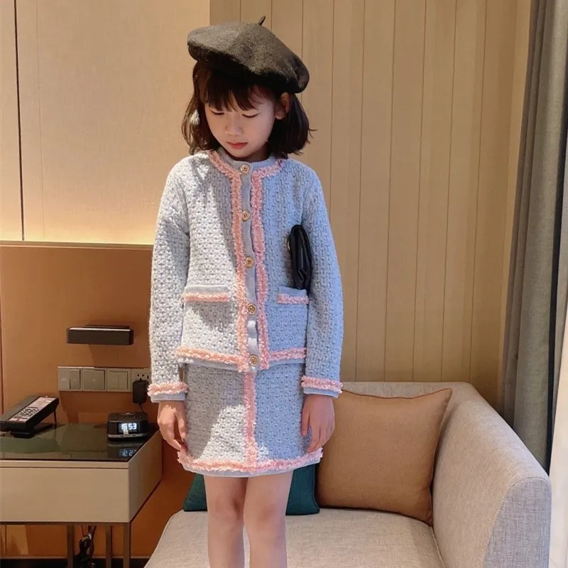 

Girls clothing set Autumn Fashion knitted blue colour sweet baby clothes set cardigans + skirt 2pcs set