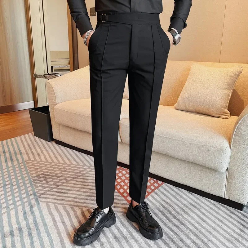 British Style Men's High Waist Casual Pants New Solid Color Naples Men Suit Pants Slim Fit Casual Business Formal Mens Trousers 3