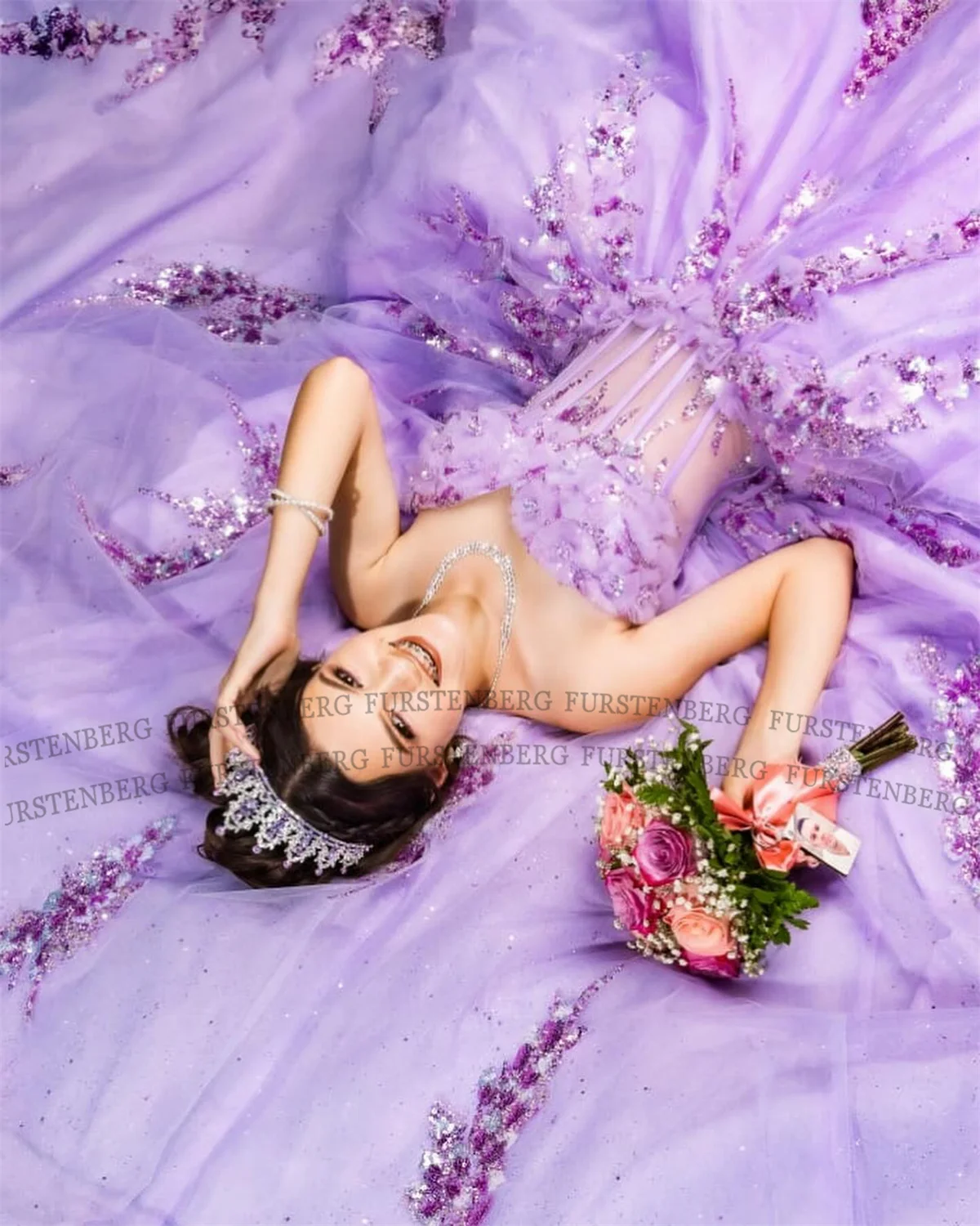 FURSTENBERG ޽ Tulle 15   Sweetheart Pleat Flower Appliques Ʈ Ʈ Vestidos de 15 Quinceanera Customized