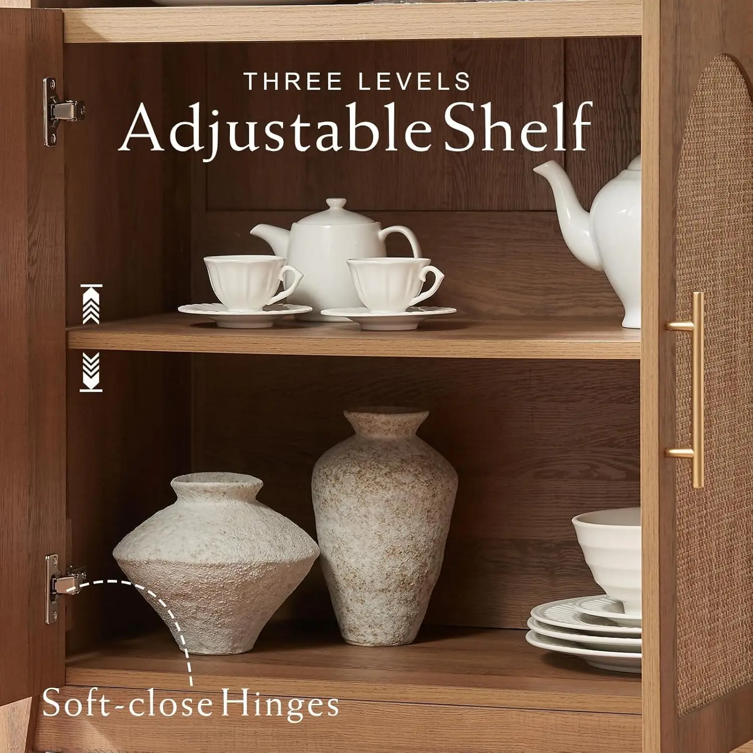 Arched Cabinet Bookshelf Bookcase - 69.3” Tall Mid Century Arched Display Cabinet, Rounded Bookshelf with Rattan Doors, Open