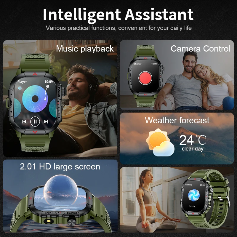 LIGE LED Flashlight Men Smart Watch Waterproof Watches 2.01-inch HD Screen Health Bracelet Military Outdoor Sport Smartwatch Man