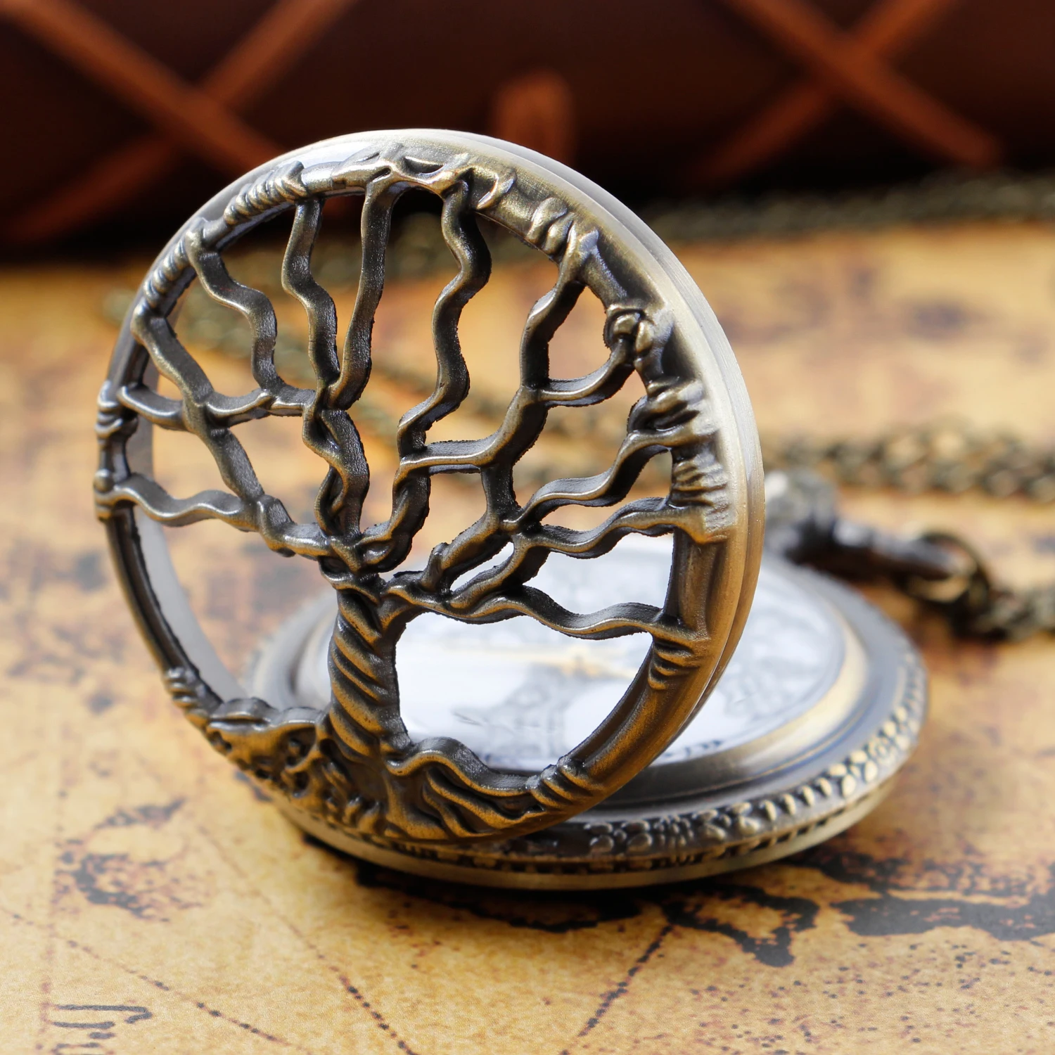 Steampunk Retro Bronze Hollow Tree of Life Quartz Pocket Watch With Fob Chain Women Watch Pendant Necklace Chain Men Gift CF1088 quartz pocket watch necklace gift set for men hollow green eye pendant pocket clock retro strange souvenir sweater fob chain