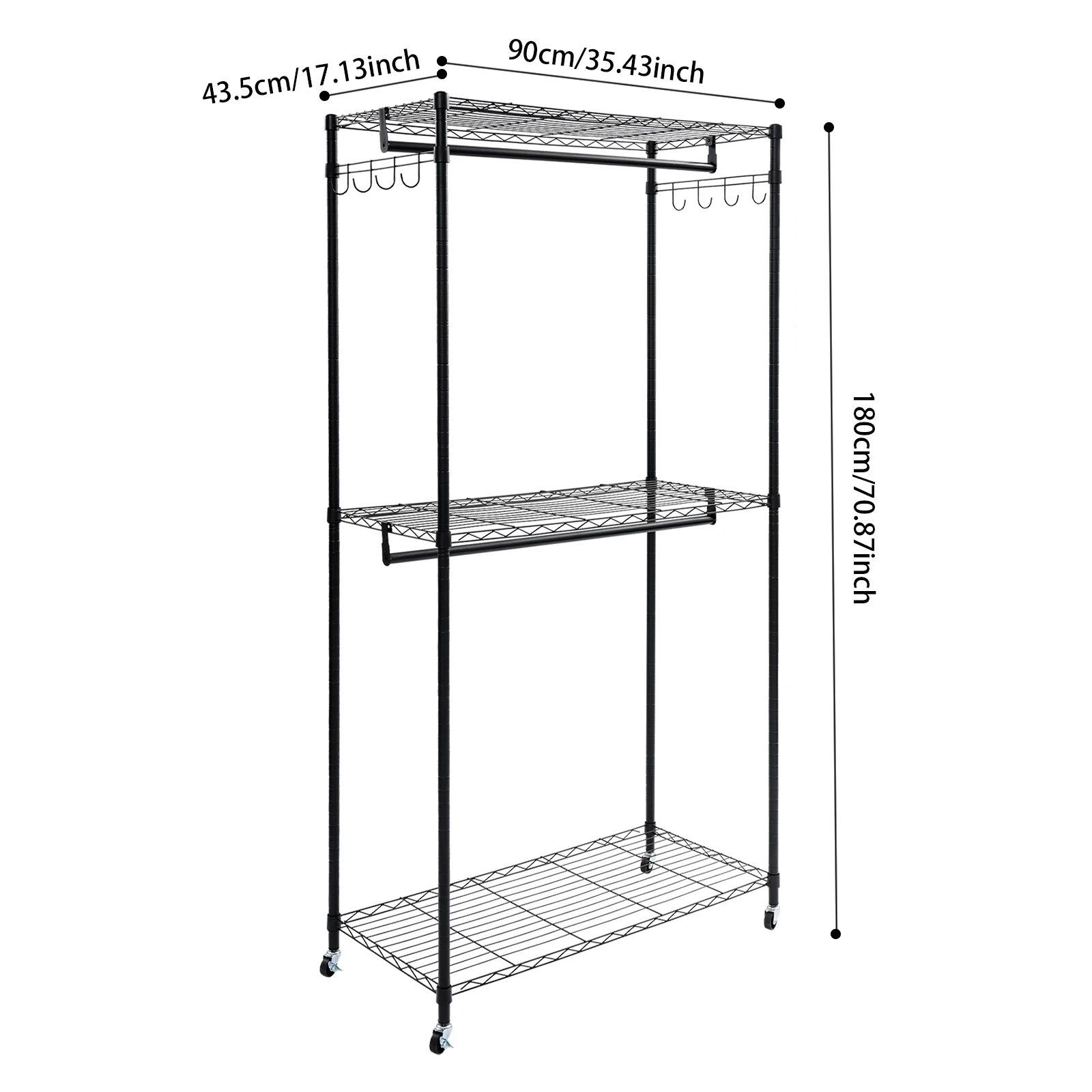 2-stufiger Stangenschrank-Organizer, 90 x 43,5 x 180 cm, Kleiderständer, rollender Kleiderständer für Schlafzimmer mit 4 Universalrädern – Detail 3