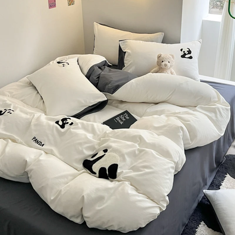 

Ins Cartoon Panda Bedding Set Towel Embroidery Duvet Cover Queen Twin Full Size Grey Bed Flat Sheet Quilt Cover Pillowcases