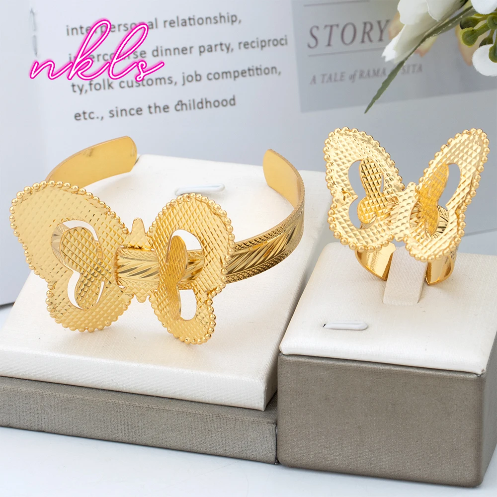 

Dubai Women Gold Color Jewelry Set African 18k Gold Plated Cuff Bangle with Ring Set Butterfly Design Lady Anniversary Jewelry