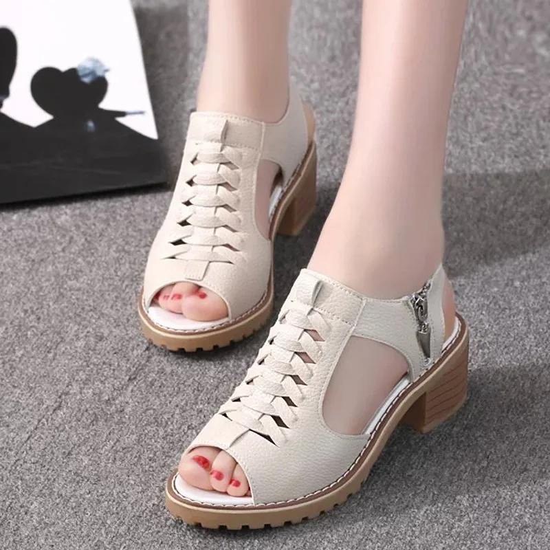 Women Sandals Women's Square Heel Summer Leather Zip Gladiator Medium Heel Zip Platform High Heels 43