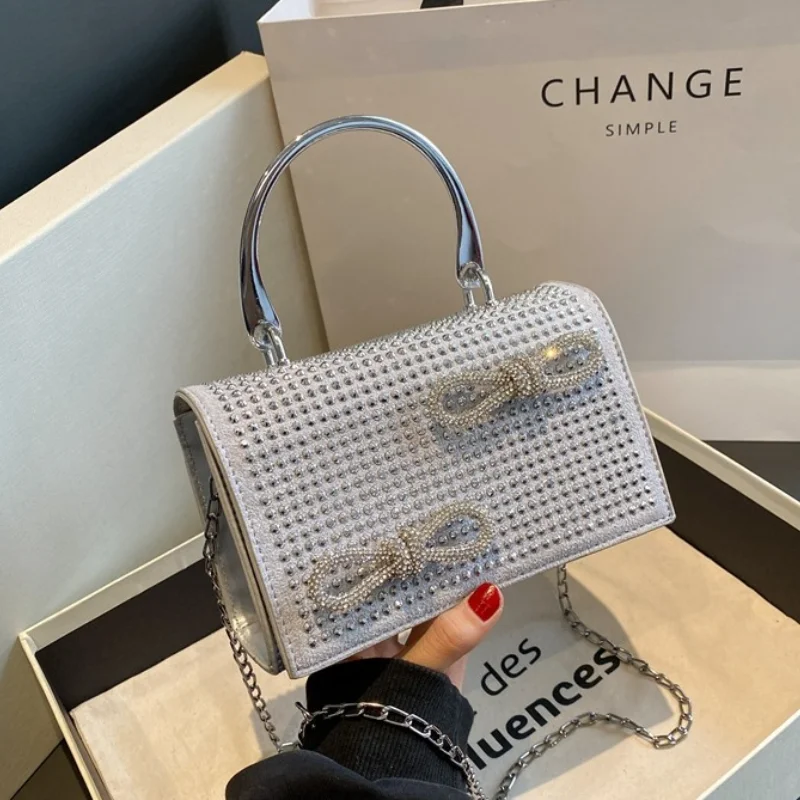 

Bow Women's Handbag 2023 Trend Party Evening Small Square Bag Leather Diamond Crossbody Bag Chain Fashion Shoulder Bag Woman
