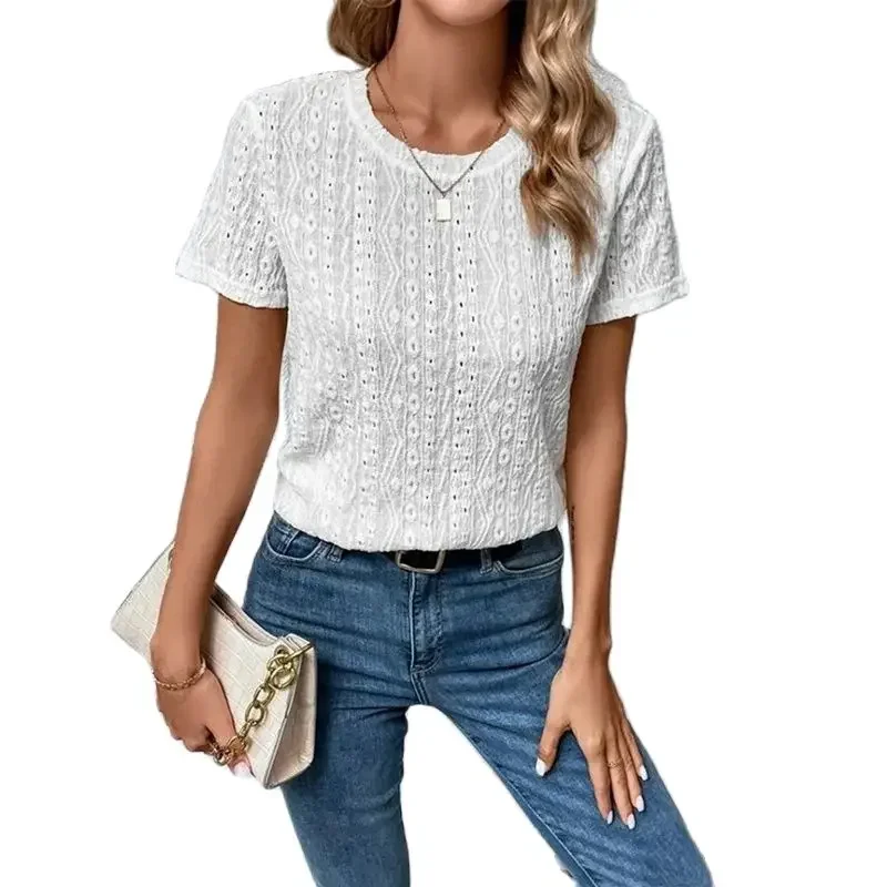 Elegant Solid Color Hollow Out Breathable Shirt Women New O Neck Pullover Blouse Summer Short Sleeve Casual Commuter Female Tops