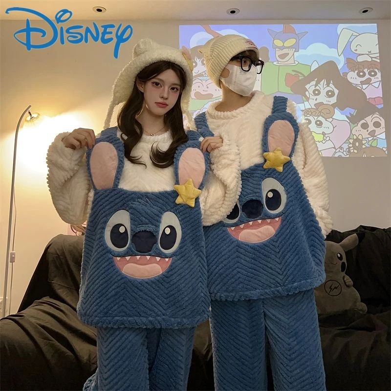 

Новый Зимний мультяшный пижамный комплект из мультфильма «Дисней Стич», коралловый бархат, милая утолщенная домашняя одежда в стиле аниме, для влюбленных, женские костюмы, домашняя одежда, подарок