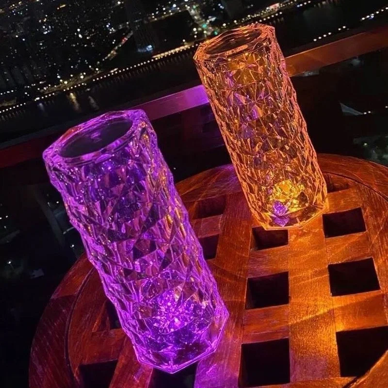 LED Crystal Table Lamp Rose Light Projector 3/16 Colors Touch Night Light Romantic Diamond Atmosphere USB Home Bar Decor