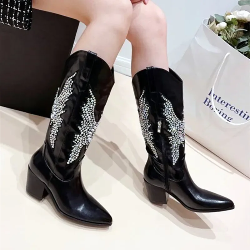 

Embroidery Rhinestone Design Boots for Women 2024 Winter Pointed Toe Chunky Heel Long Boots Leather Side Zipper Chelsea Boots