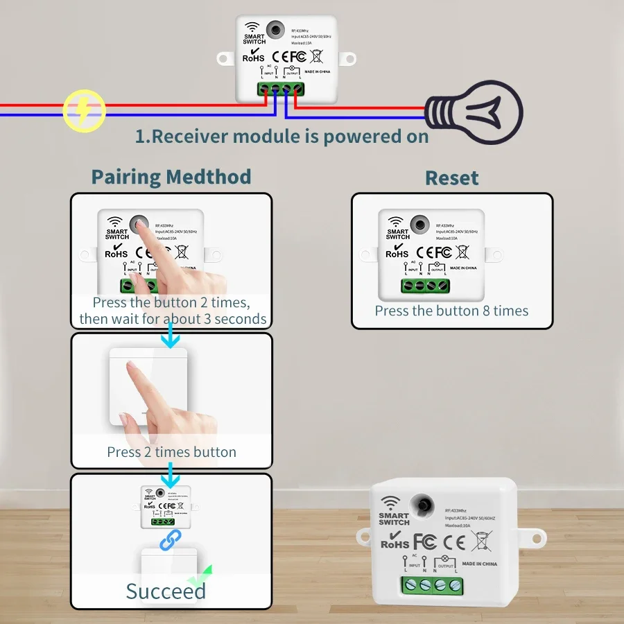 Smart switch 433MHz 1/2/3Gang 86 wall panel wireless with remote control 10A 110V 220V for LED lamp