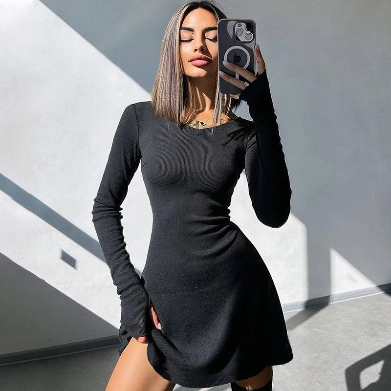 Vestidos Elegantes y bonitos para mujer, Mini vestido negro Sexy de manga larga con cuello en V, Color sólido, Otoño e Invierno