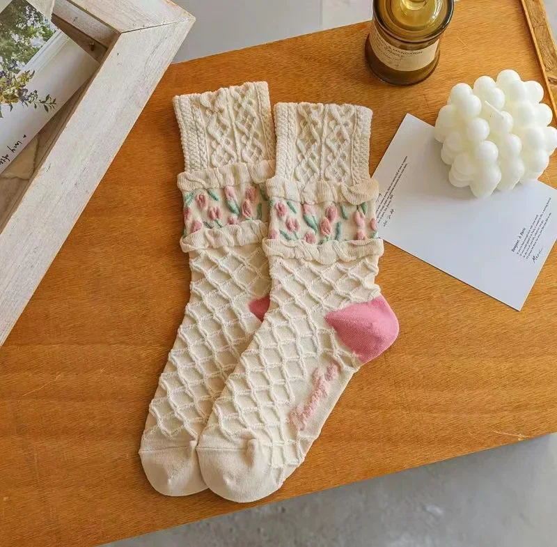 New Women Socks Korean Style Flower Trend Casual Cotton Socks Girls Frilly Ruffle Cute Sweet Breathable Kawaii Crew Socks Girls