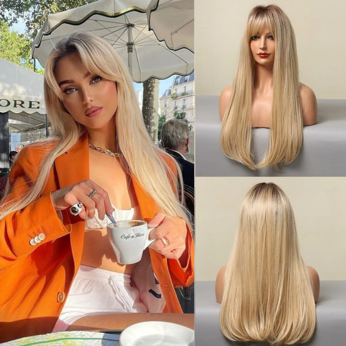 Ombre Blonde Synthetic Hair Wigs Long Straight Heat Resistant Fashion Wigs With Bangs for Women Cosplay Party Natural Wigs synthetic blonde wig with bangs short none lace front wig for women middle parting daily cosplay party heat resistant bang wig