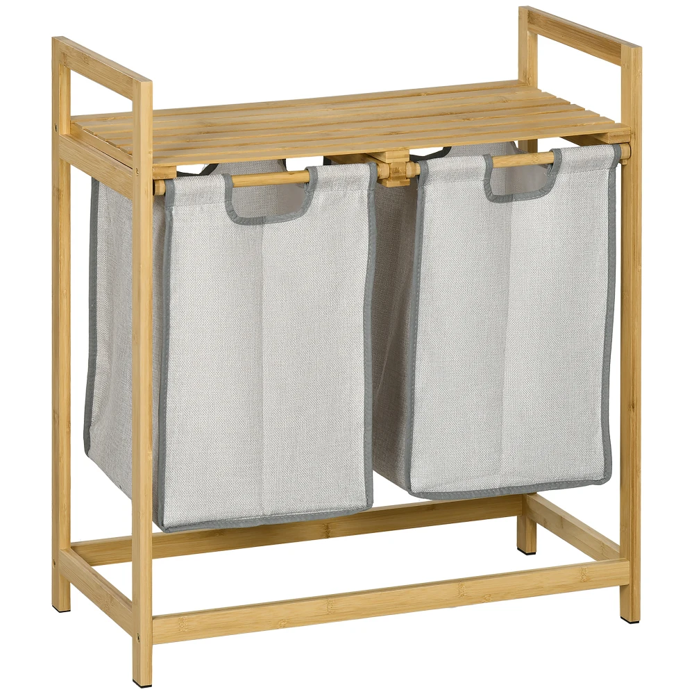 HOMCOM Double Laundry Hamper 2 Section Bamboo Laundry Basket with  Shelf 2 Pull-Out and Removable Bags for Bedroom Bathroom Laun 2