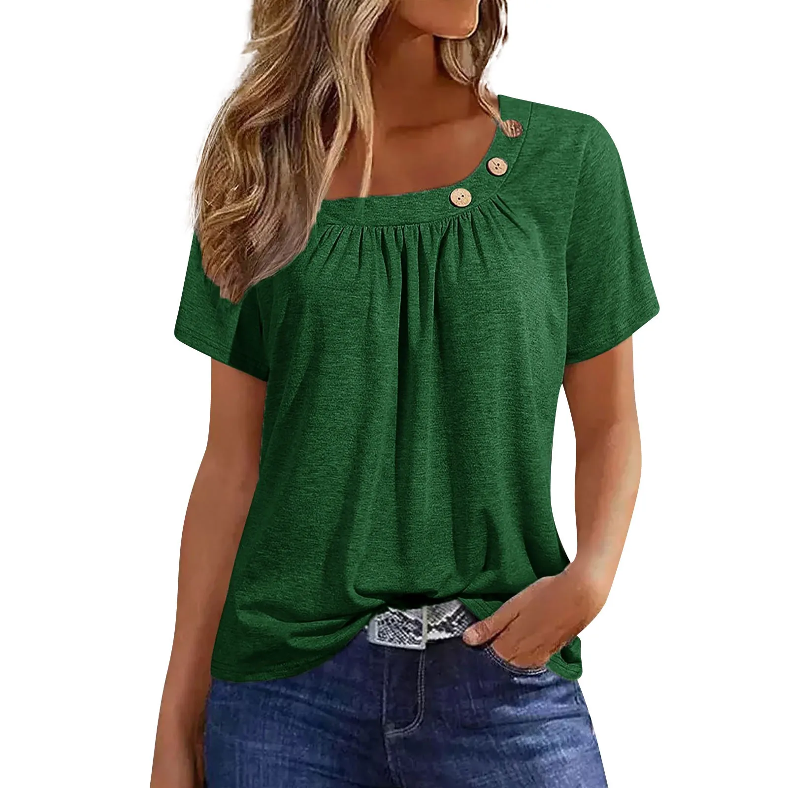 2024 Women Summer Top Solid Clothing For Women O-Collar Short Sleeve Comfy Womens Tops Button Pullover T Shirt Cropped Feminino