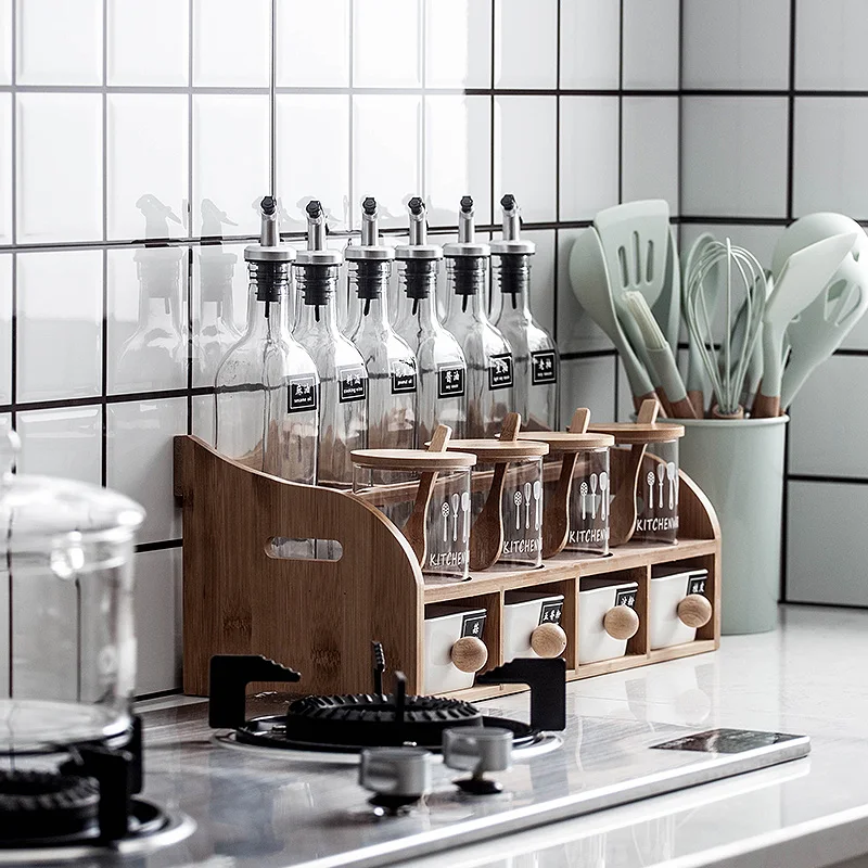 Nordic spice box combo set for home ceramic seasoning jar oil bottle salt shaker glass kitchen utensils shelf