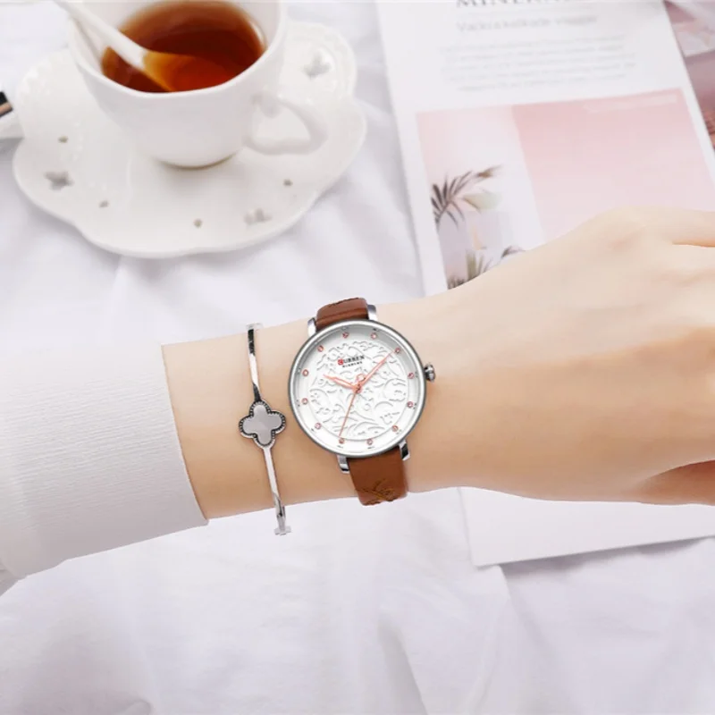 CURREN 9046 Fashion Casual Quartz Women's Watches Waterproof Genuine Leather Embroidered Strap Simple Elegant Ladies Wristwatch 4