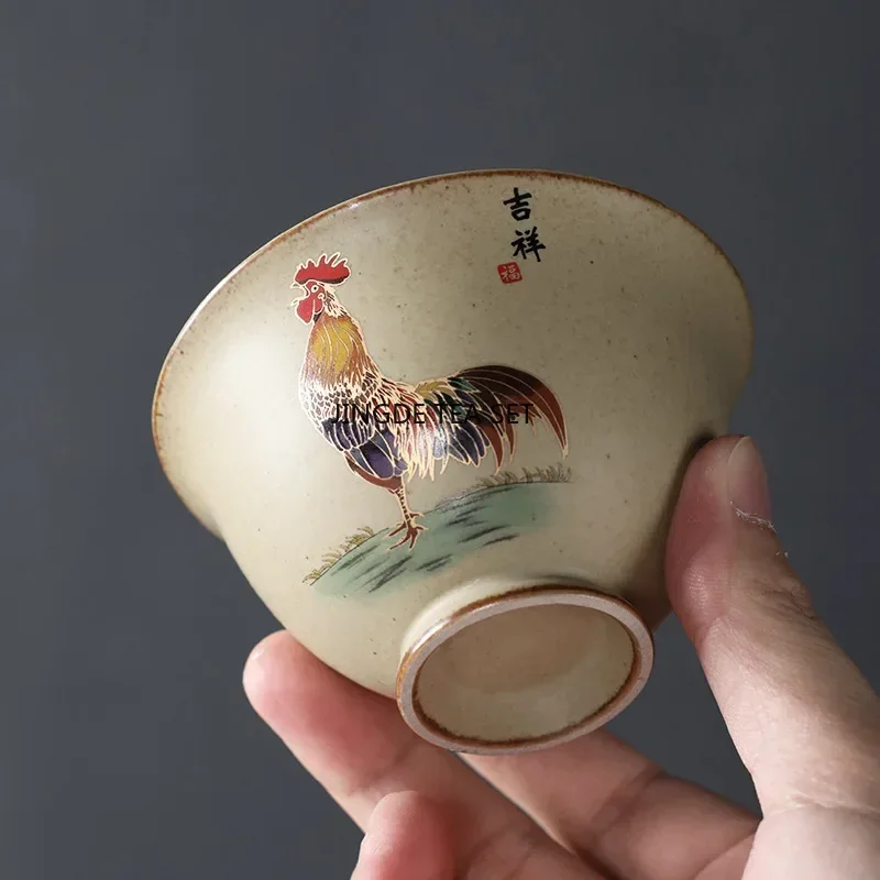150ml traditional Chinese ceramic tea cup handmade tea bowl travel portable hand-painted rooster lid bowl