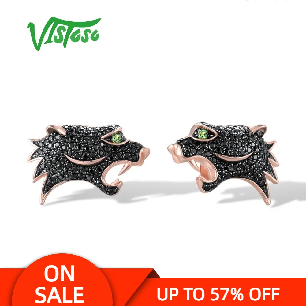 

VISTOSO Gold Earrings For Women 14K 585 Rose Gold Green Garnet Black Diamond Leopard Stud Earrings Animal Trendy Fine Jewelry