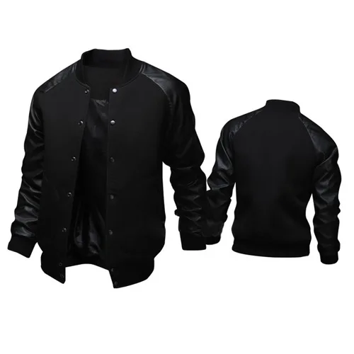 Men's Baseball Coats Patchwork PU Sleeve Stand Collar Jackets Outerwear  Sportswear Men Jacket  Young Men Casual Sweatshirt Coat
