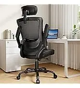 Marsail Office Chair Ergonomic Desk Chair with Mesh Back and Leather Cushion,Flip-up Armrests&Lum...