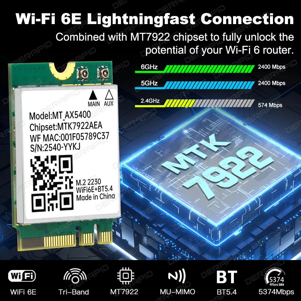 WiFi 6E MT7922 M2 무선 어댑터 5374Mbps 트라이 밴드 2.4G 5G 6GHz 블루투스 5.4 80211ax MU-MIMO 네트워크 카드 (Win10 Win11용)