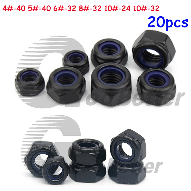 

20pcs Black Zinc UNC/UNF Nylon Lock Nuts 4#-40 5#-40 6#-32 8#-32 10#-24 10#-32 Non-slip Locking Nut
